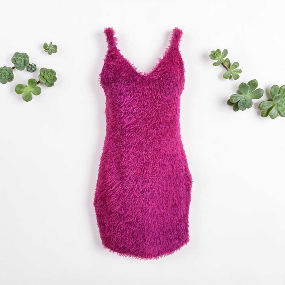 CEFIAN Fuchsia Eyelash Knit Fuzzy Bodycon Mini Dress Size Large Party Mini